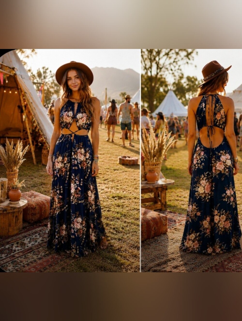 SHEIN Dark Blue Floral Backless Maxi Dress, Size 12